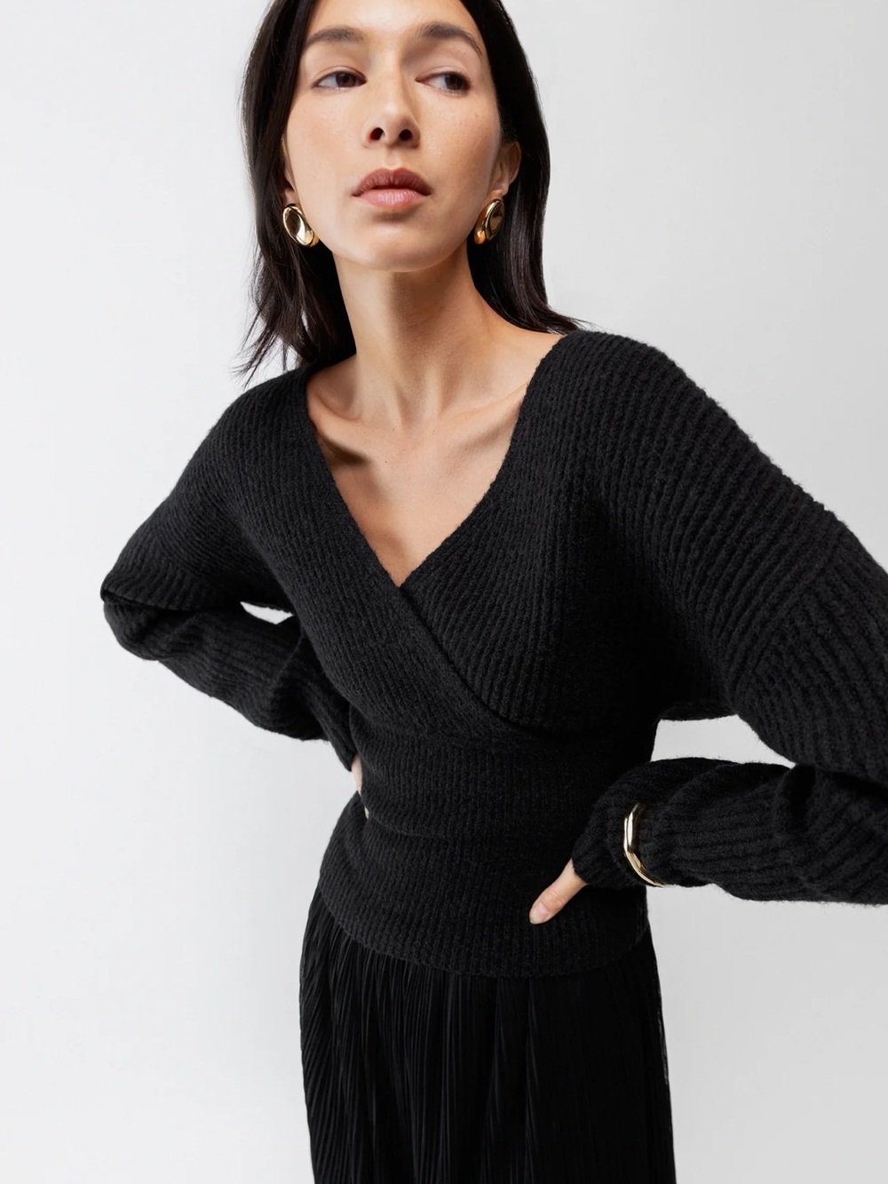 OAK + FORT Black Ribbed V-Neck Wrap Sweater